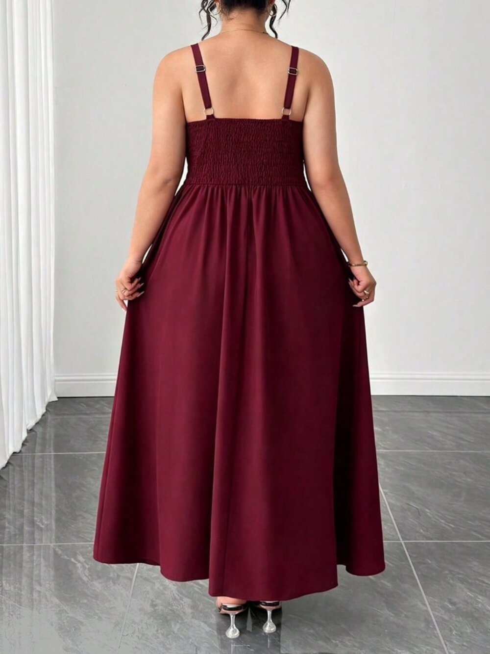 Burgundy Casual Women's Slim Fit Puff Sleeve High-Waisted Long Dress - Picture 2 of 4